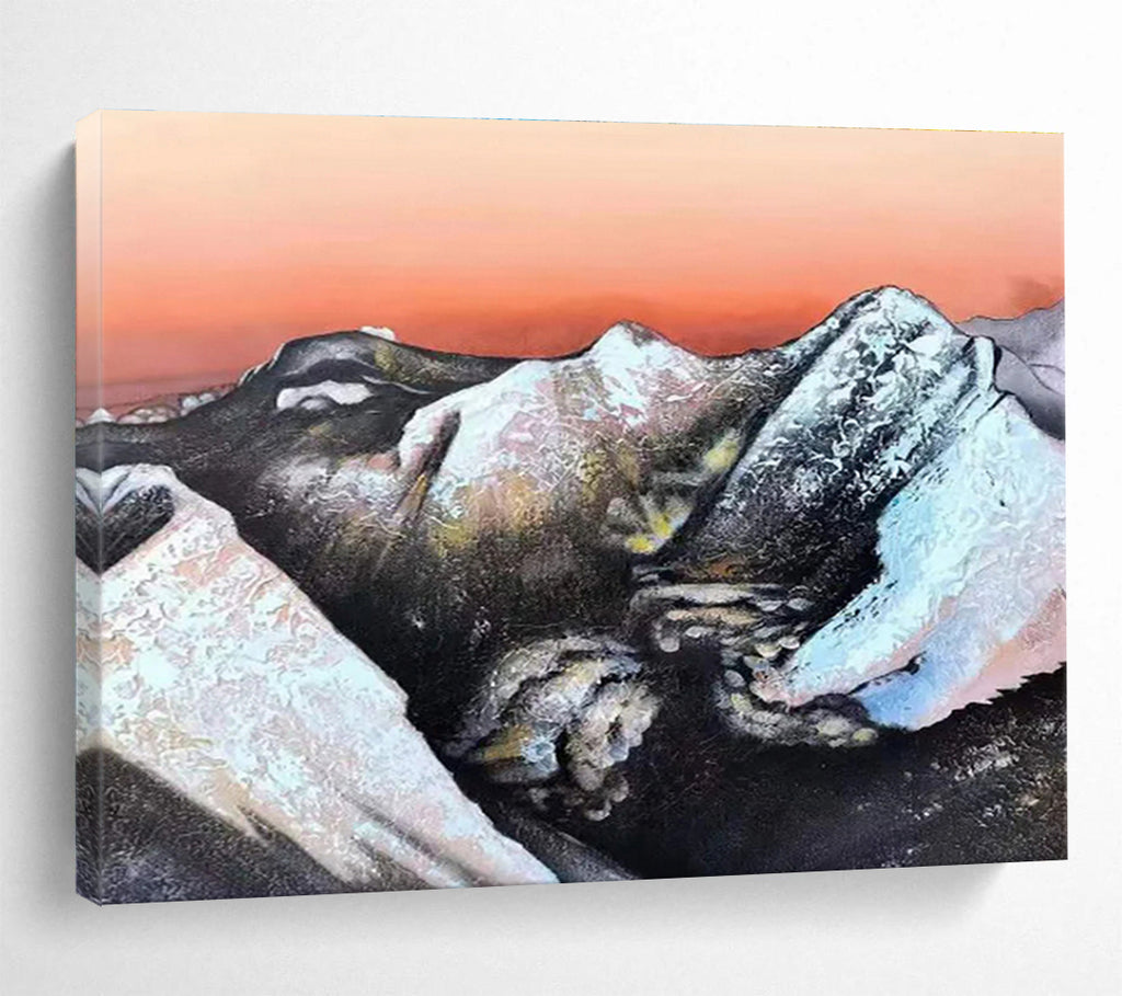Snow - Capped Mountains & Orange Sky: Abstract Landscape Painting for Mountain - Themed Lounge & Art Gallery DKS651