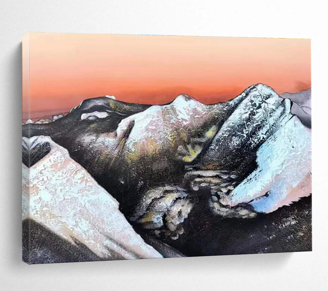 Snow - Capped Mountains & Orange Sky: Abstract Landscape Painting for Mountain - Themed Lounge & Art Gallery DKS651