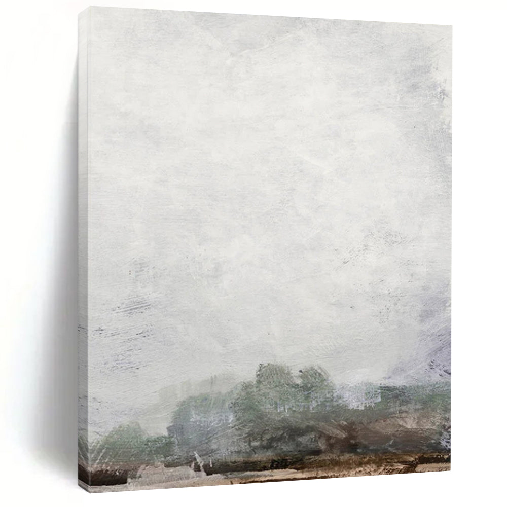 “Hazy Gray Tree Line” - Light Gray Sky with Faint Green Trees Painting On Canvas DS222