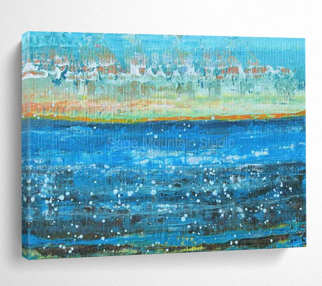 “Blue Water with White Dots and Colorful Shore” - Impressionist Maritime - Painting On Canvas PT1794