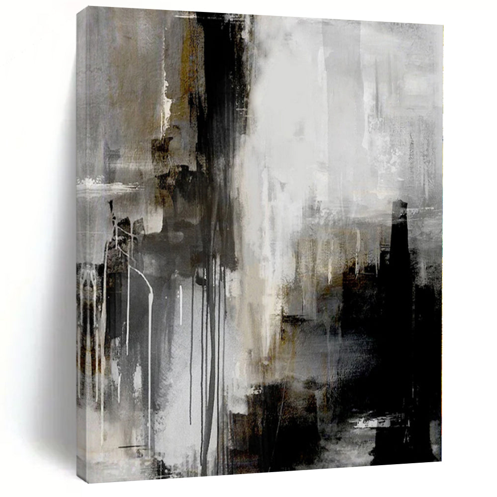 Gray, Black, White and Gold with Dripping Effects "Urban Drizzle" Abstract Painting On Canvas PS1130