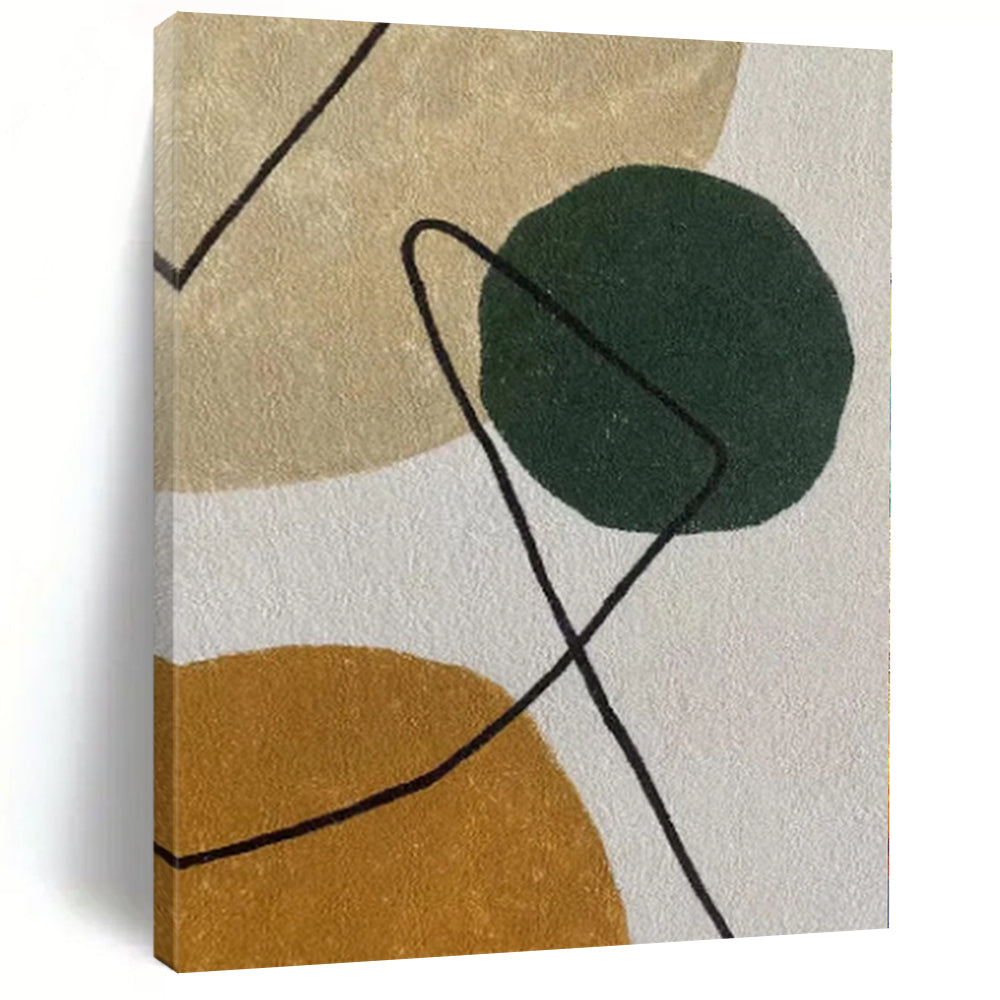 “Circle & Line” - Green, Brown, Black Abstract Shape Painting On Canvas PS0389