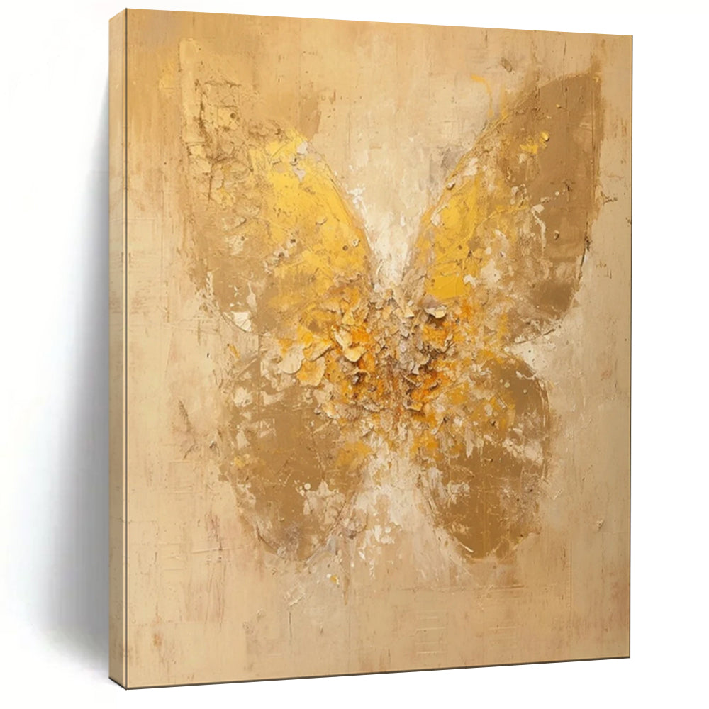 “Textured Gold Butterfly on Beige” - Abstract Insect Painting On Canvas PT1899