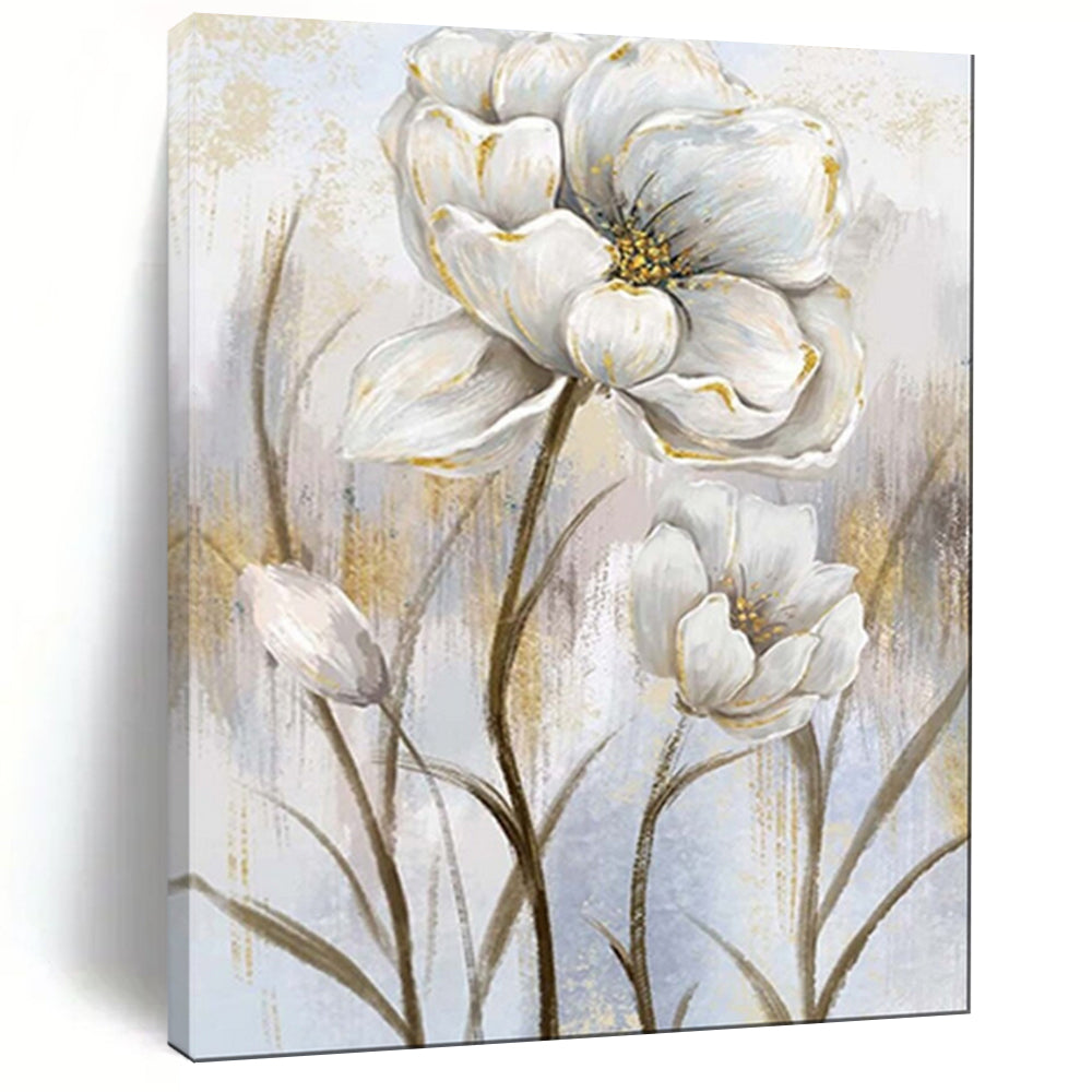 “Elegant White Flowers with Gold Details” - Floral Painting On Canvas PT1906
