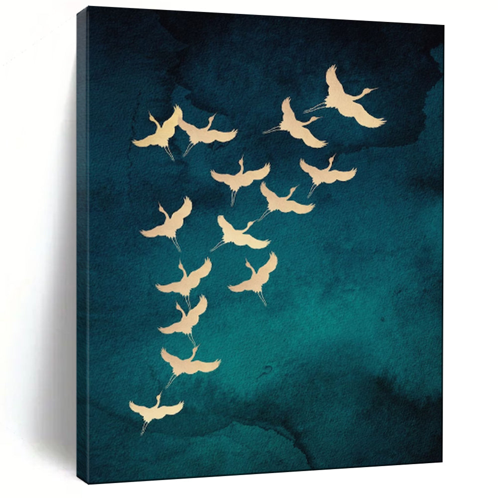 “Golden Cranes on Teal” - Nature - Inspired Painting On Canvas PT1919
