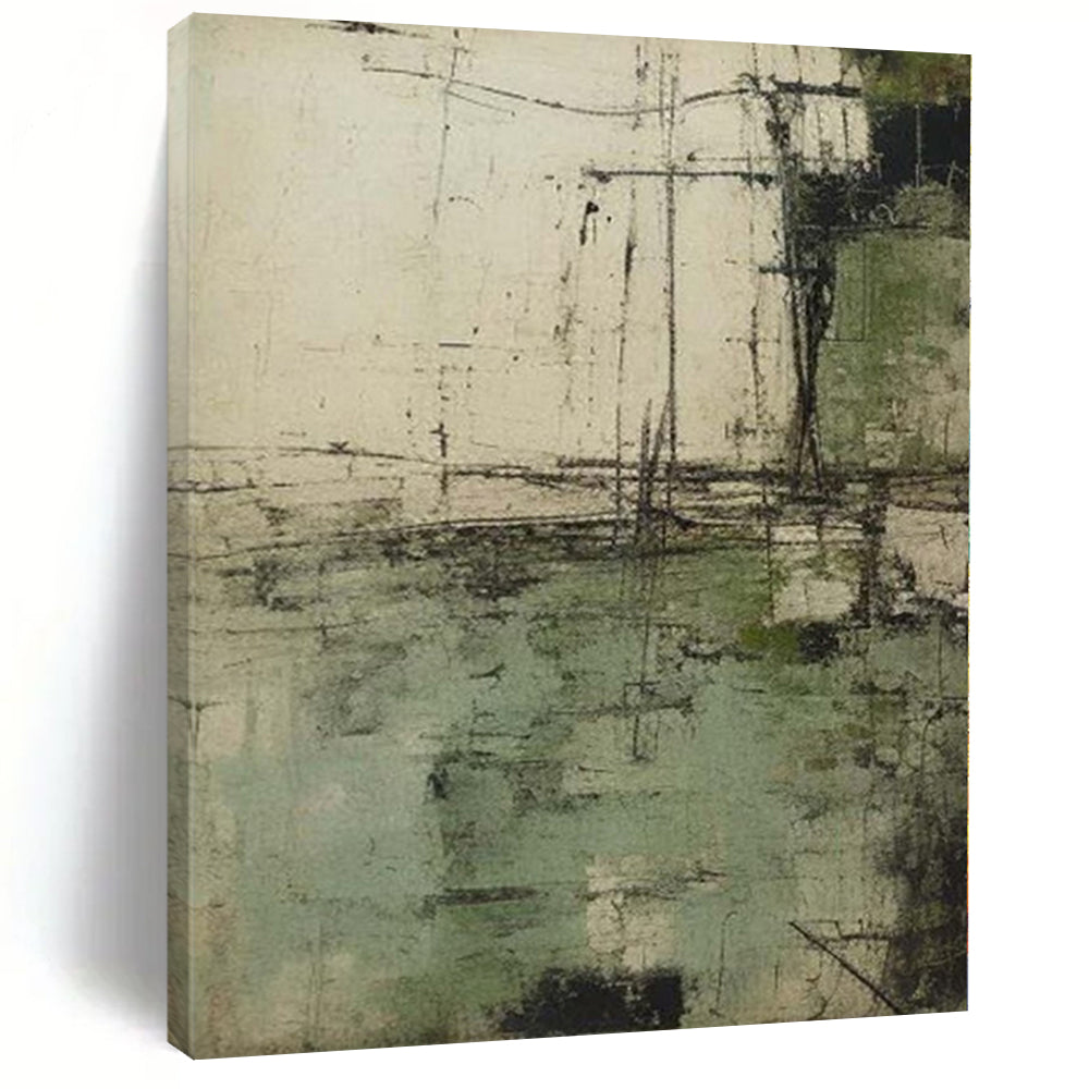 “Green - Gray Textured Abstract” - Rustic Abstract Painting On Canvas PS0166