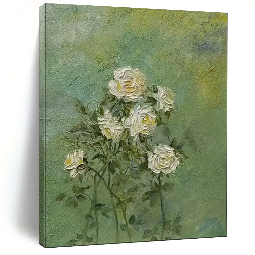 “White Roses on Green” - Textured Floral Painting On Canvas PT1987