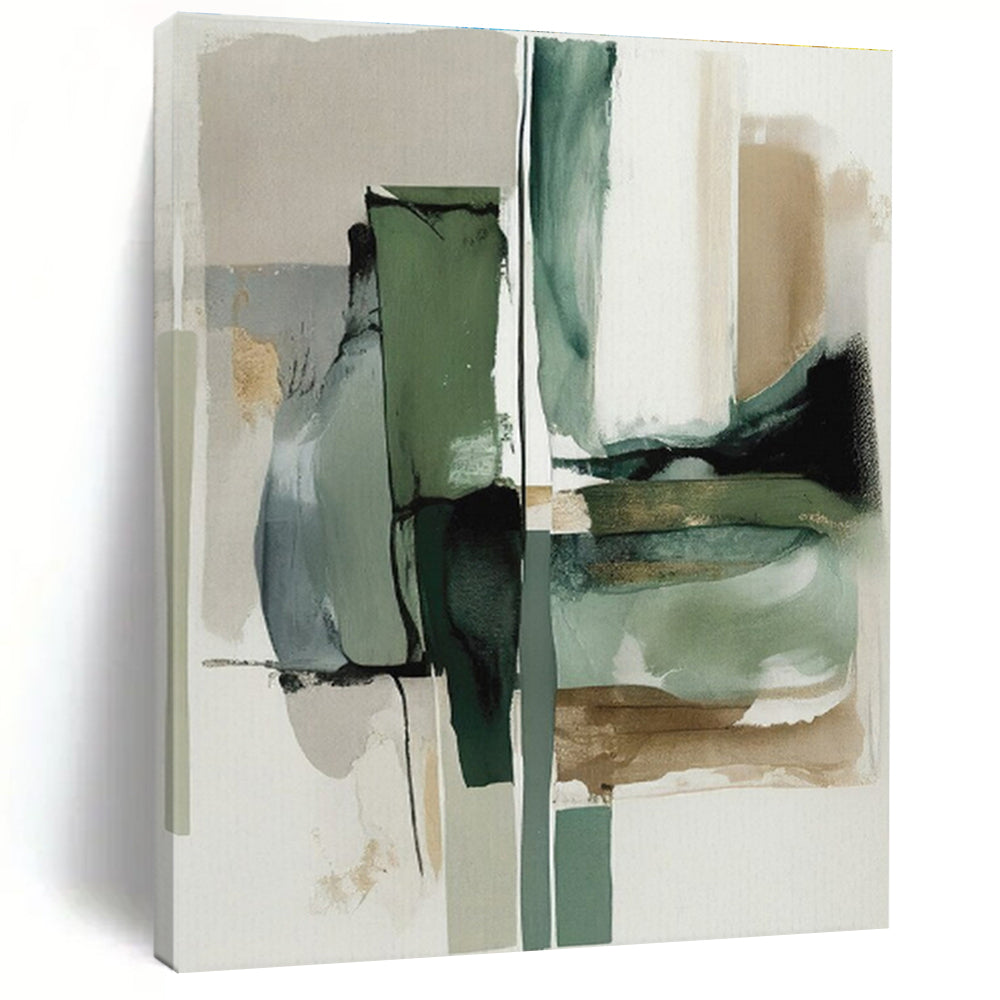 “Green & Gray Abstract Fusion” - Green, Gray, White, Gold Abstract Painting On Canvas PS0758
