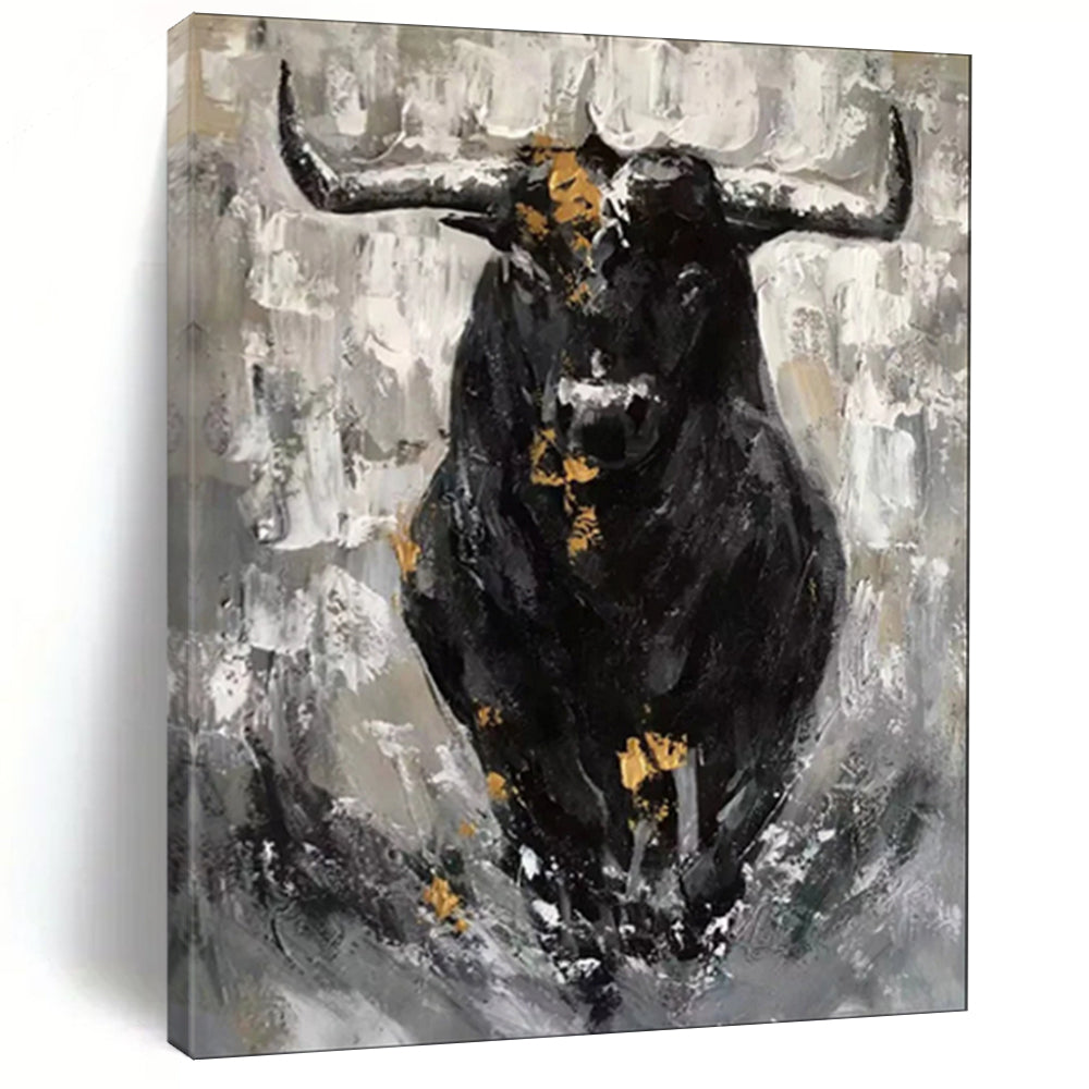 “Black - White - Gold Bull Portrait” - Expressionist Bull Painting On Canvas PT1971
