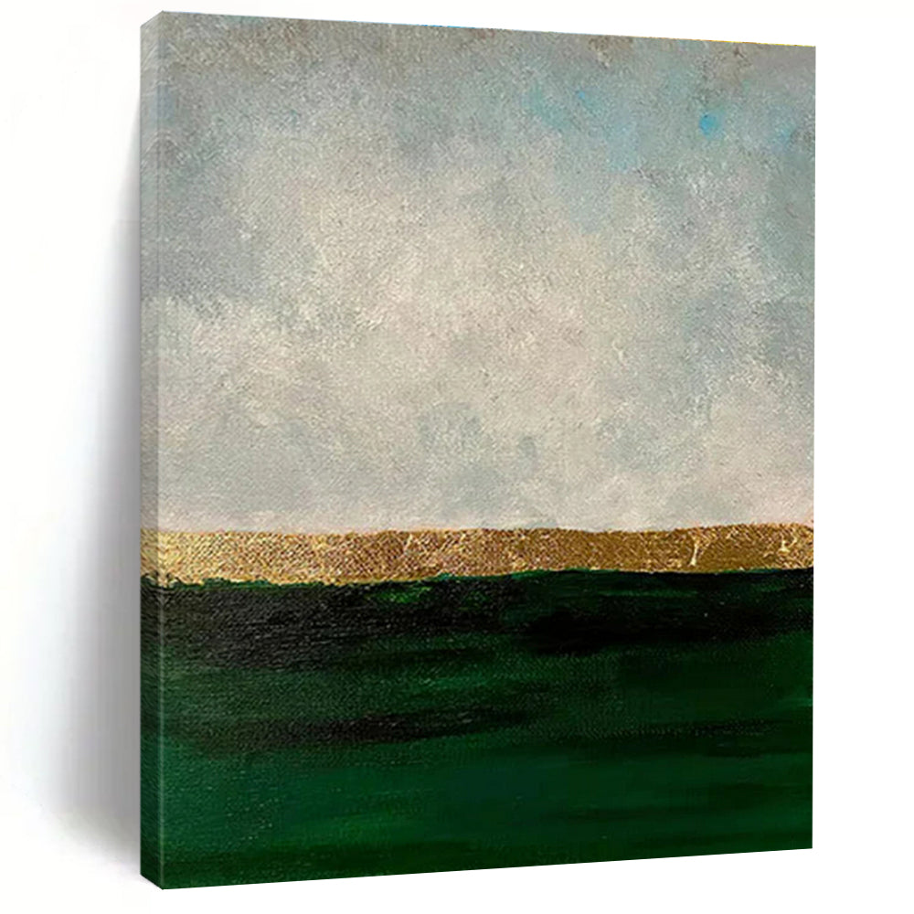“Gold - Green Sea Horizon” - Green, Gray, Gold, Blue Abstract Seascape Painting On Canvas PS0644