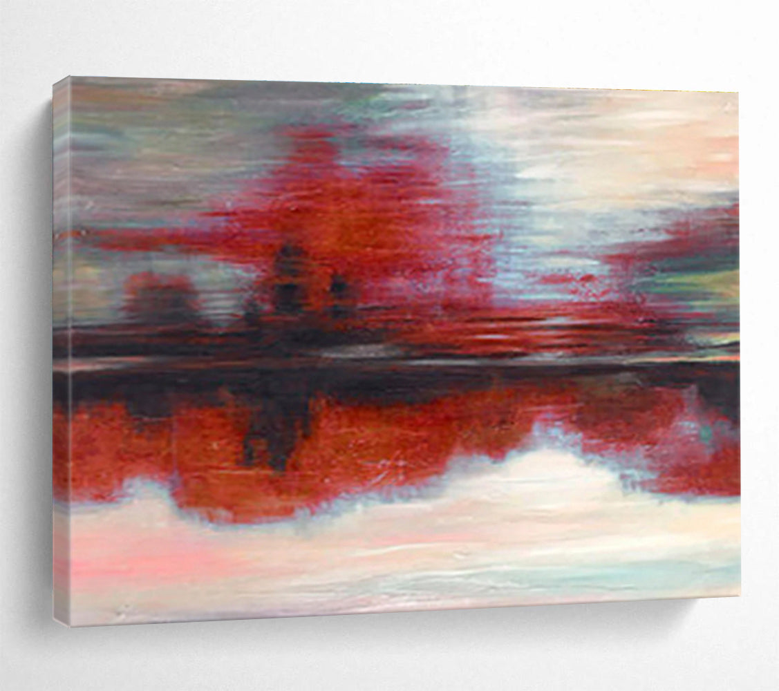 “Red - hued Reflective Abstract” - Mood - evoking Landscape Painting On Canvas DKS384