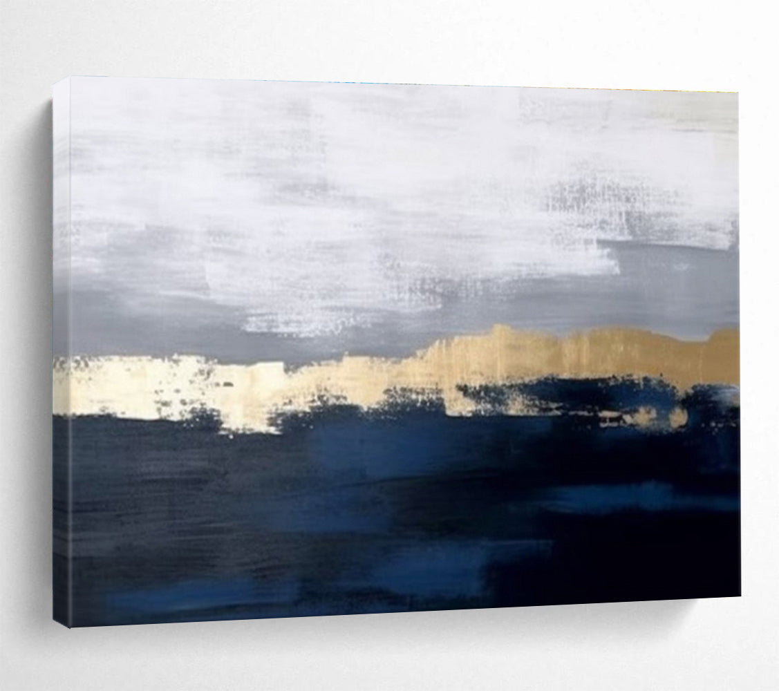 “Gray Gold Abstract” - Gray, Gold & Blue Abstract, Minimalist Oil Painting On Canvas DKS784