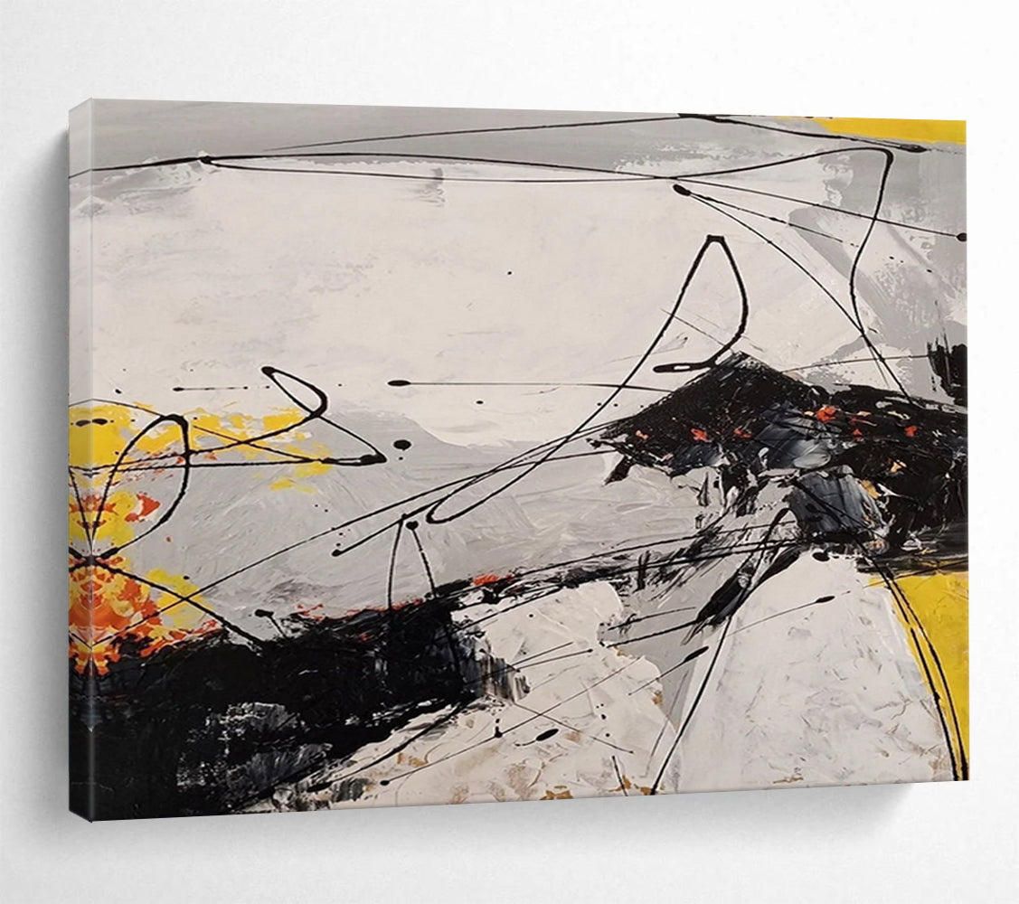 “Dynamic Abstract in Blacks, Whites, Yellows & Oranges” - Energetic Modern Painting On Canvas PT030