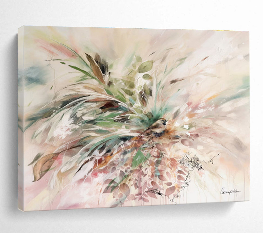 “Floral And Bird Abstract” - Floral Painting On Canvas DKS535