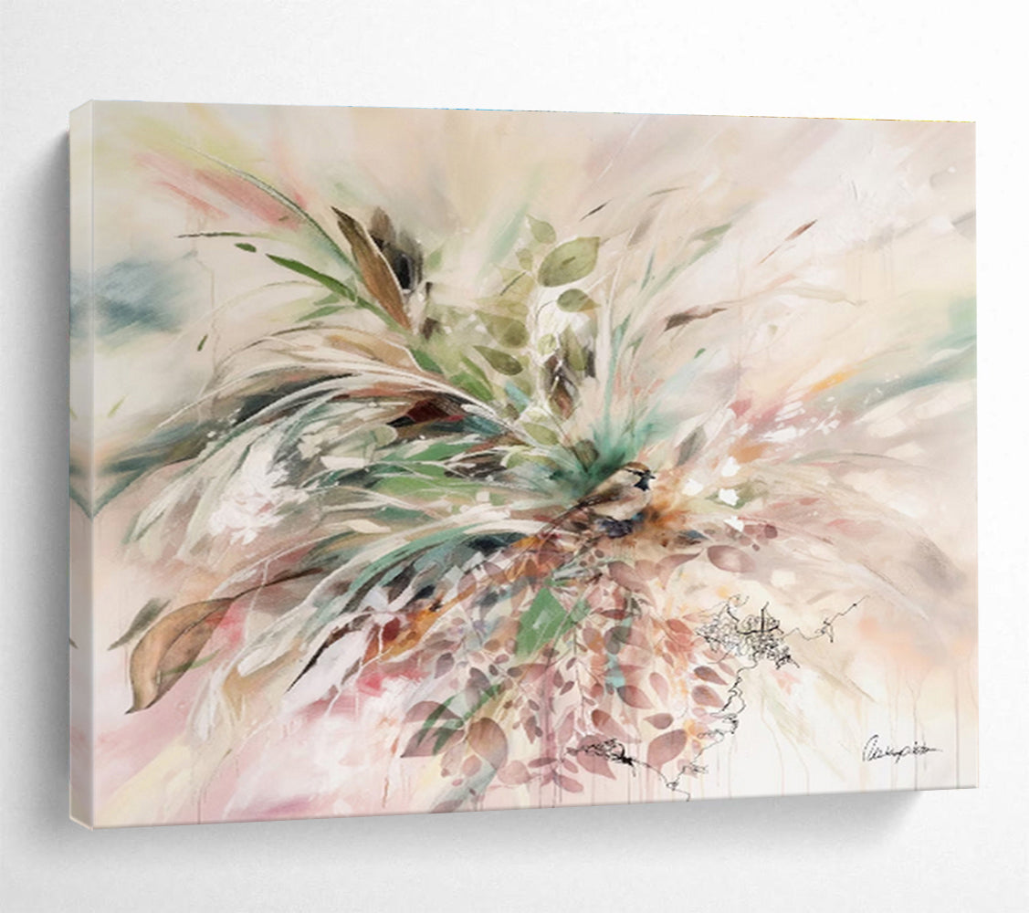“Floral And Bird Abstract” - Floral Painting On Canvas DKS535
