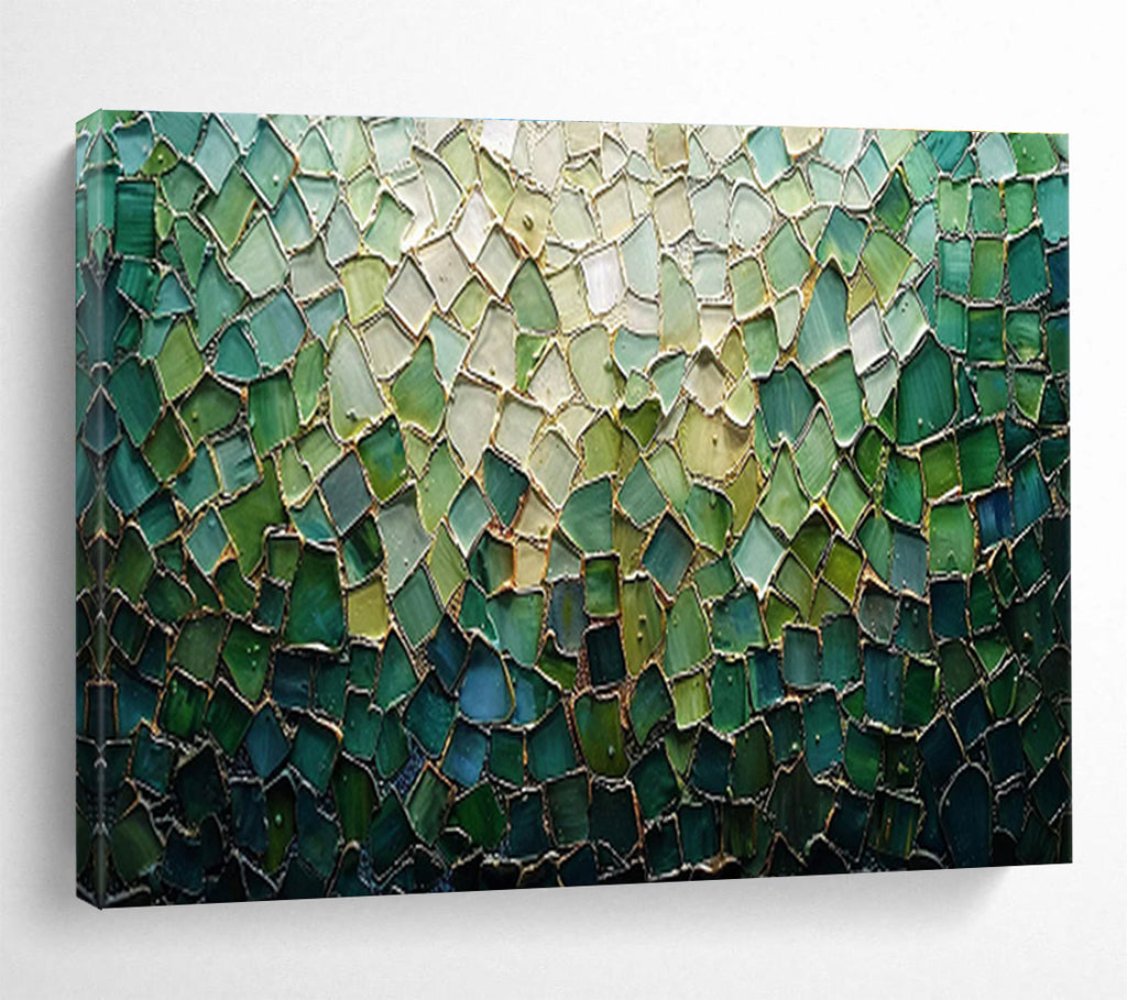 “Green Mosaic Tapestry” - Green, Blue & Gold Abstract, Mosaic - Style Mixed Media On Canvas DKS759
