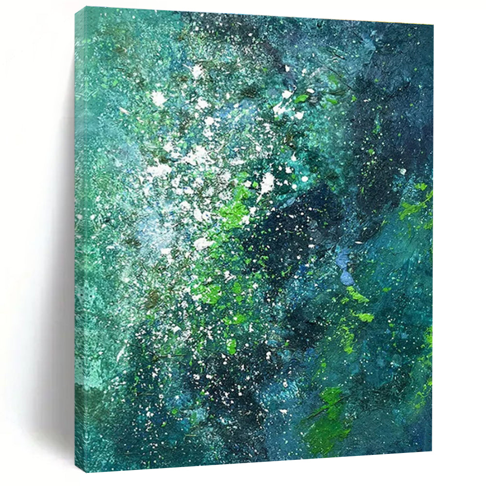 “Teal - Green Splatter Galaxy” - Teal, Green, White Abstract Expressionist Painting On Canvas PS0717