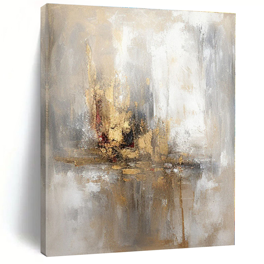 “Gold - Beige Reflective Abstract” - Gold, Beige, Gray Abstract Impressionist Painting On Canvas PS0570