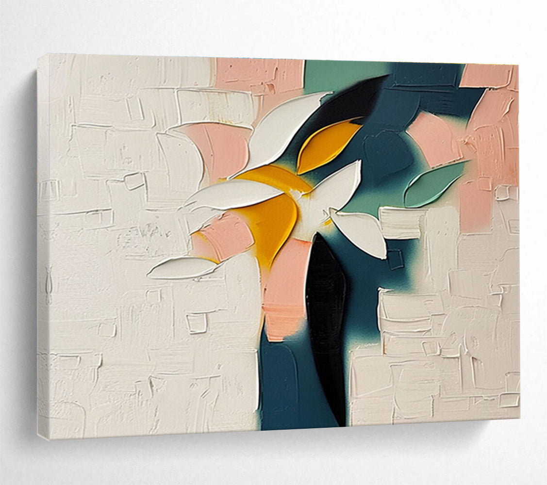 “Color - Block Flower” - White, Yellow & Pink Floral, Contemporary Oil Painting On Canvas DKS747