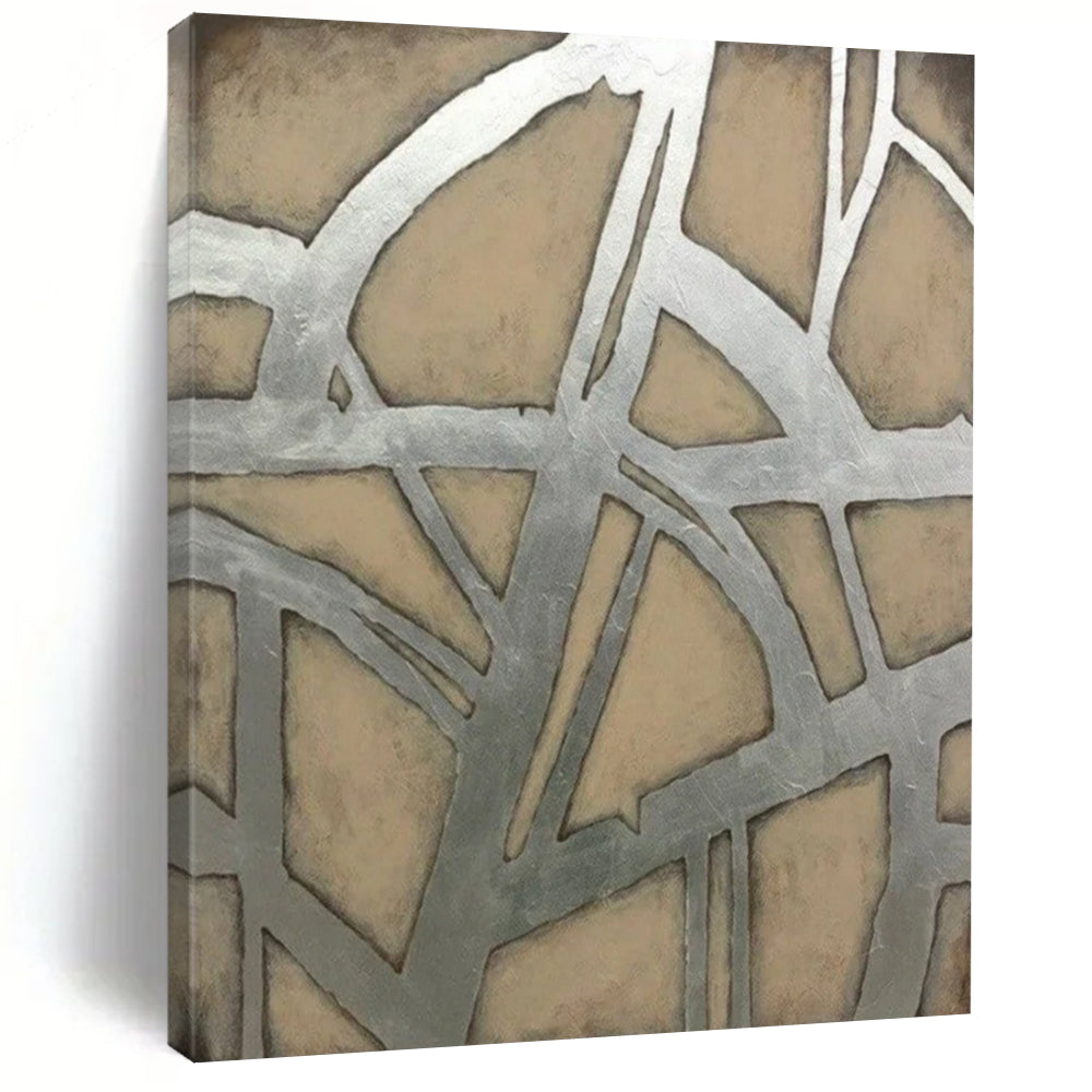 “Silver - Beige Geometric” - Modernist Abstract Painting On Canvas PT2328