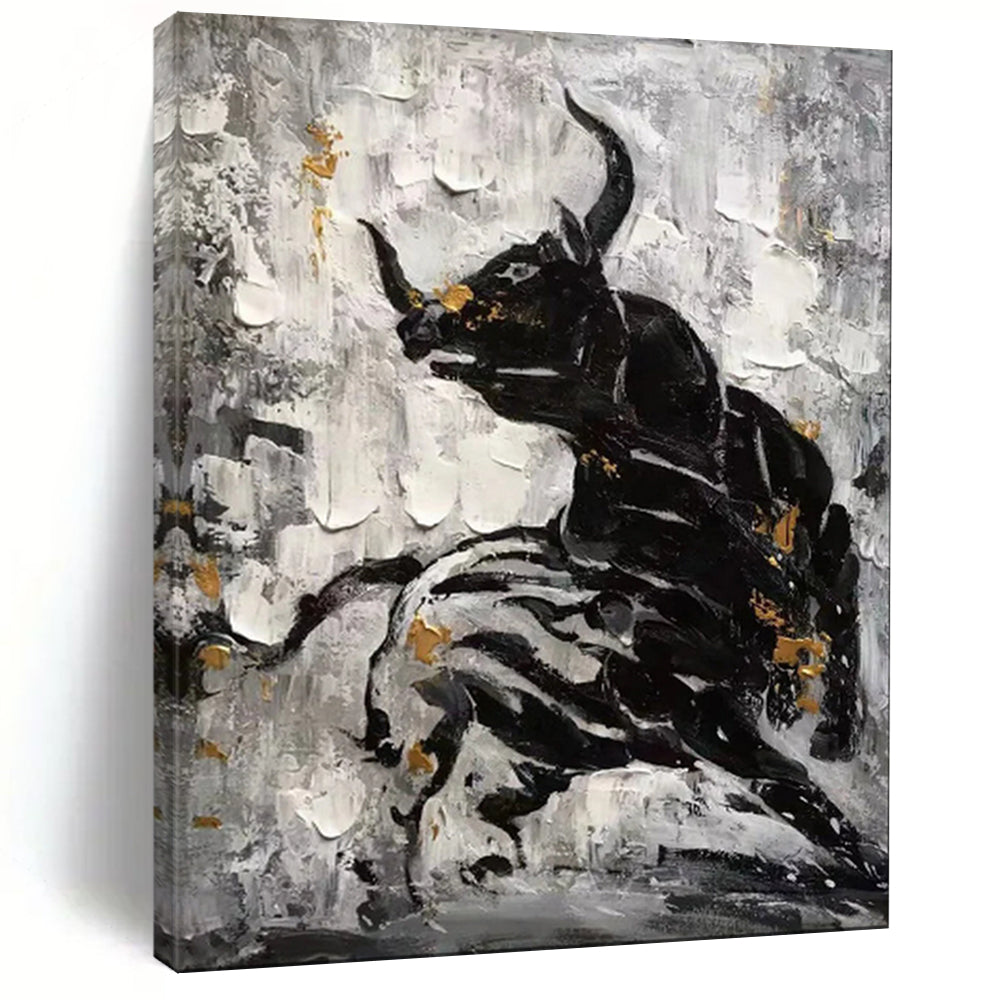 “Black - White - Gold Bull Abstract” - Expressionist Animal Painting On Canvas PT1968