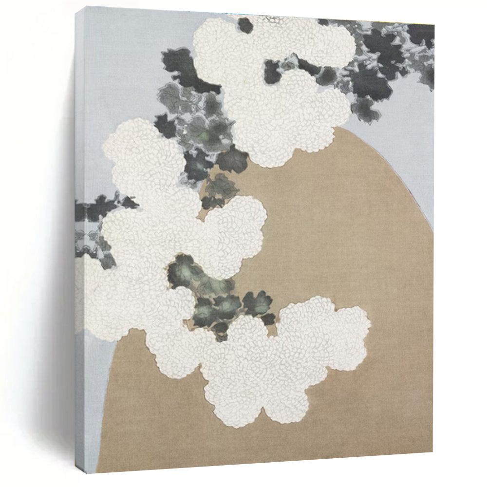 “White Blossoms & Beige Rock” - White, Gray, Beige Floral Abstract Painting On Canvas PS0750