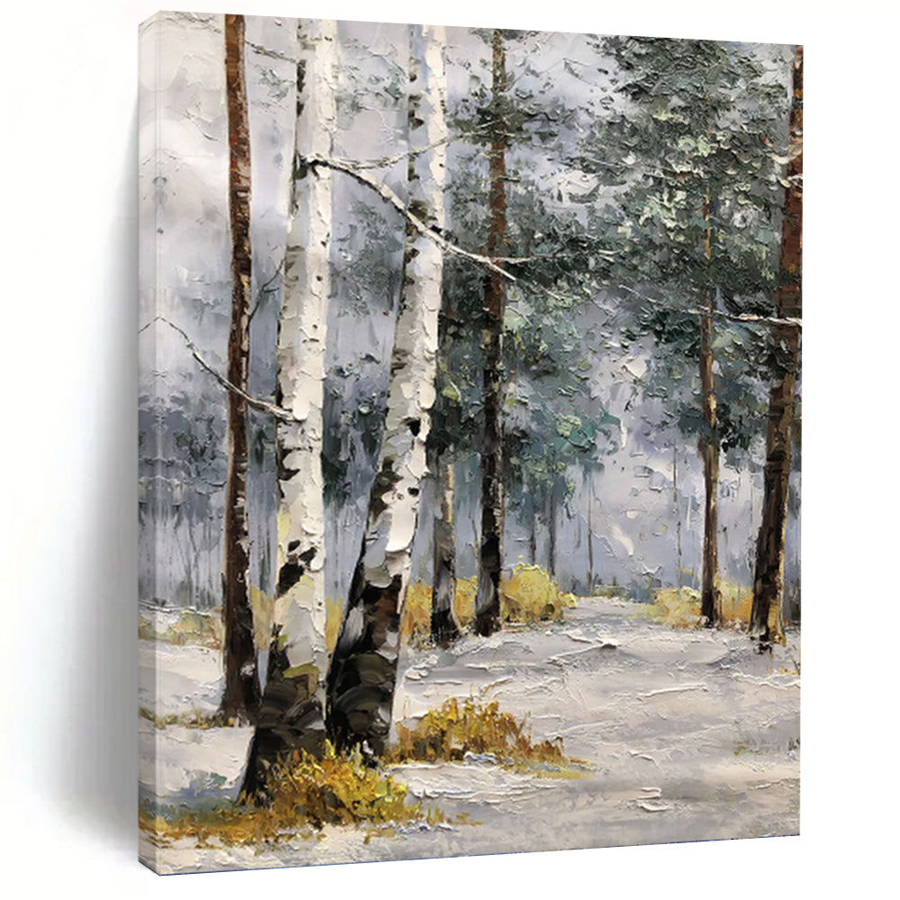 “White - Brown Winter Birch Path” - Impressionist Landscape Painting On Canvas PT1283
