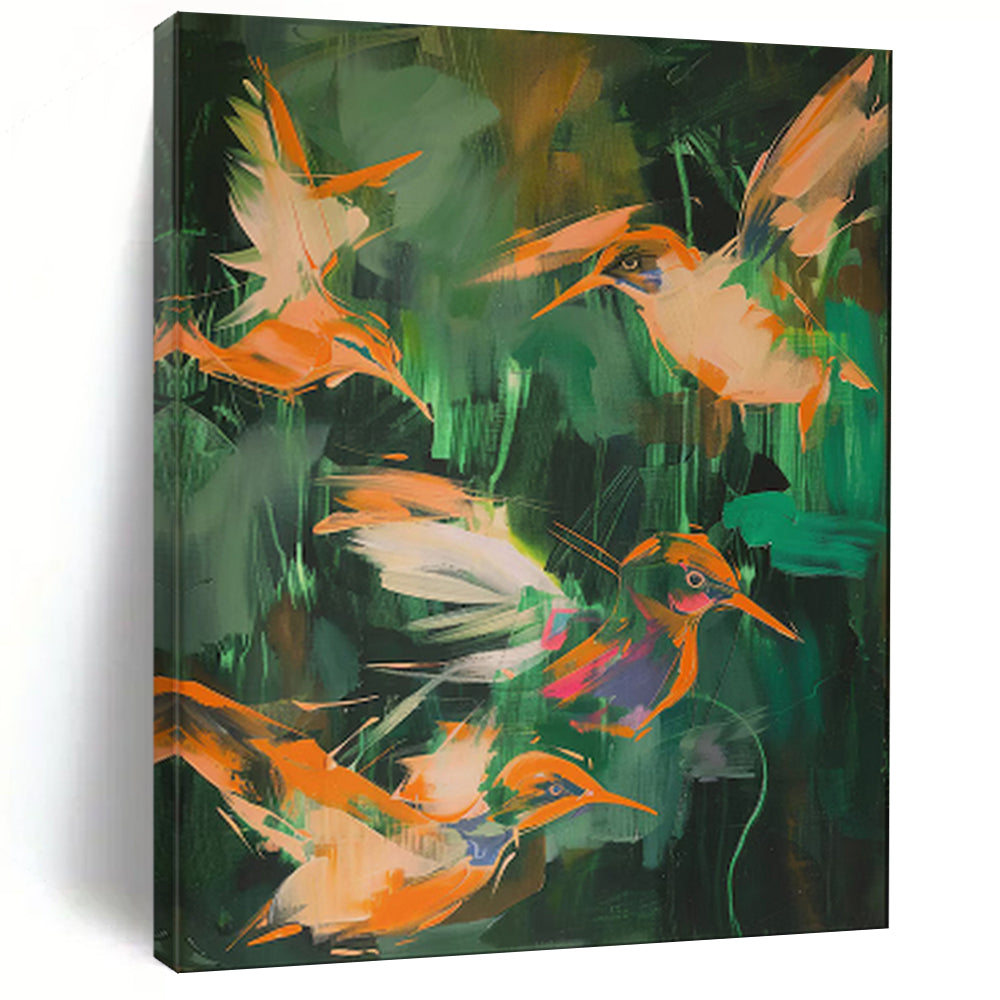 “Colorful Hummingbird Flurry” - Abstract Wildlife Painting On Canvas PT2026