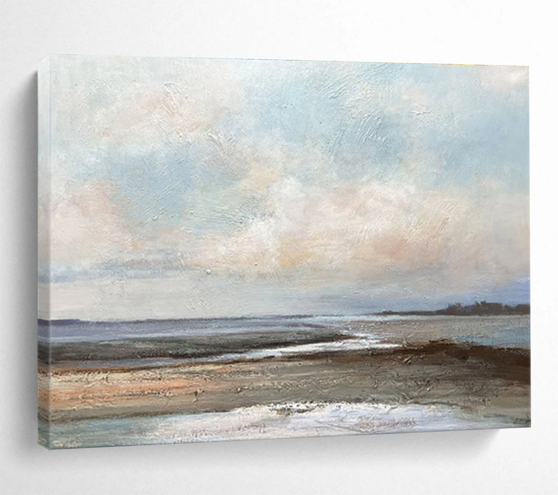 “Serene Coastal Marsh” - Blue, Gray & Brown Landscape, Impressionistic Oil Painting On Canvas DKS755