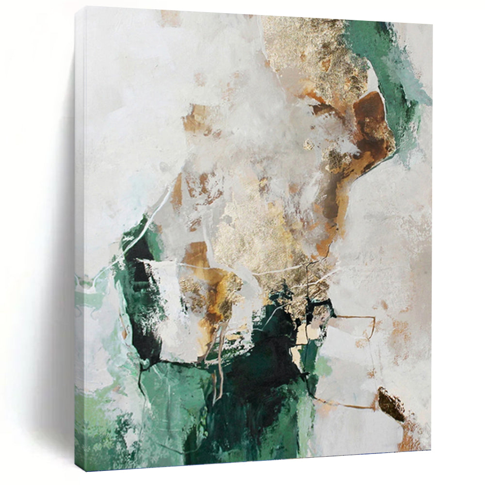 “Green, Gold and White Abstract” - Nature - Inspired Luxe Painting on Canvas PT1008