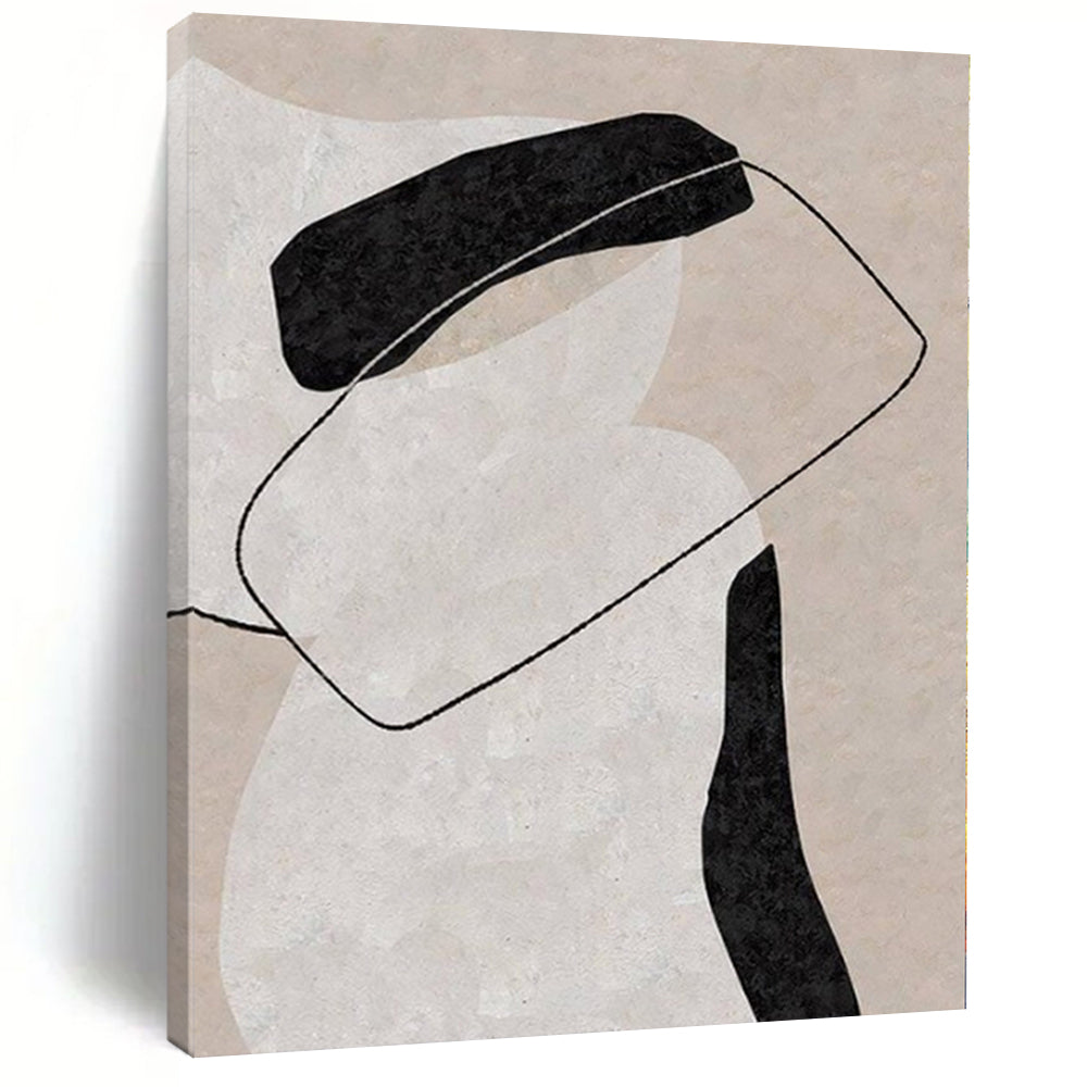 Beige, Black and White with Interconnected Forms "Linked Harmony" Abstract Painting On Canvas PS1122