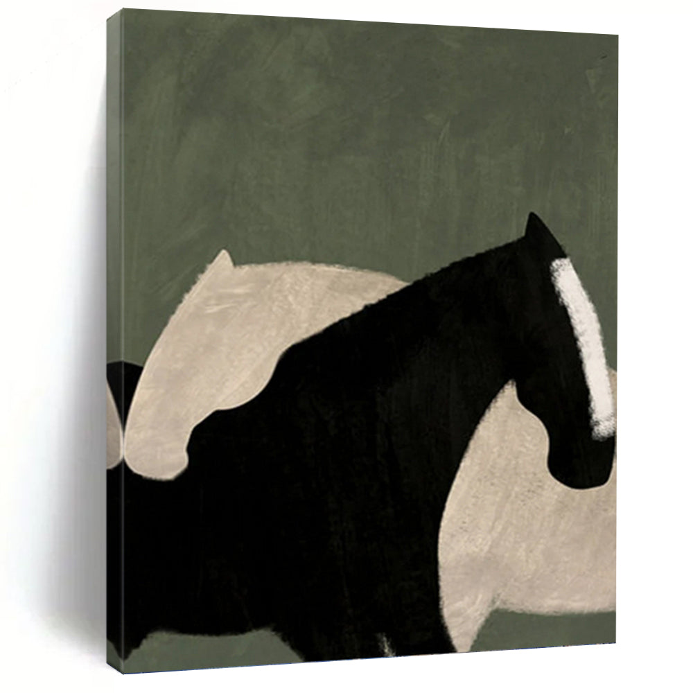 “Abstract Black & White Horses on Green” - Abstract - Inspired Animal Painting On Canvas PT1411