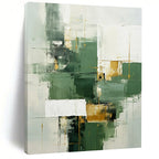 “Green, White, and Gold Abstract” - Cubist Geometric Painting On Canvas PT2290
