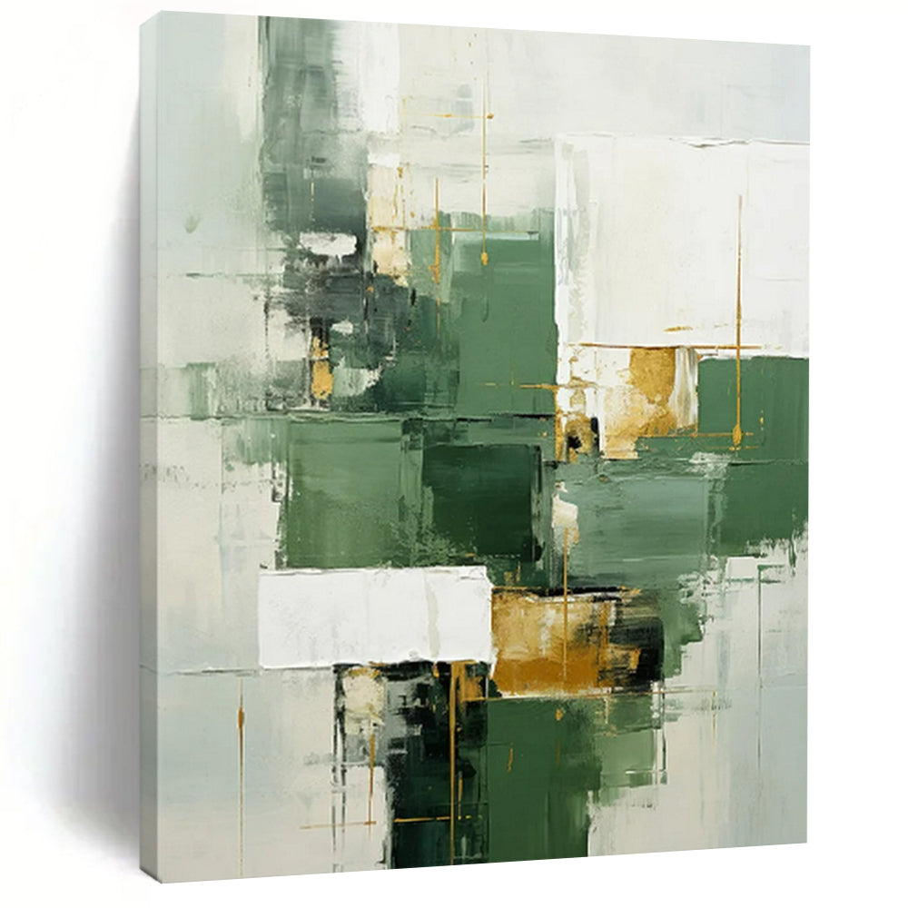“Green, White, and Gold Abstract” - Cubist Geometric Painting On Canvas PT2290