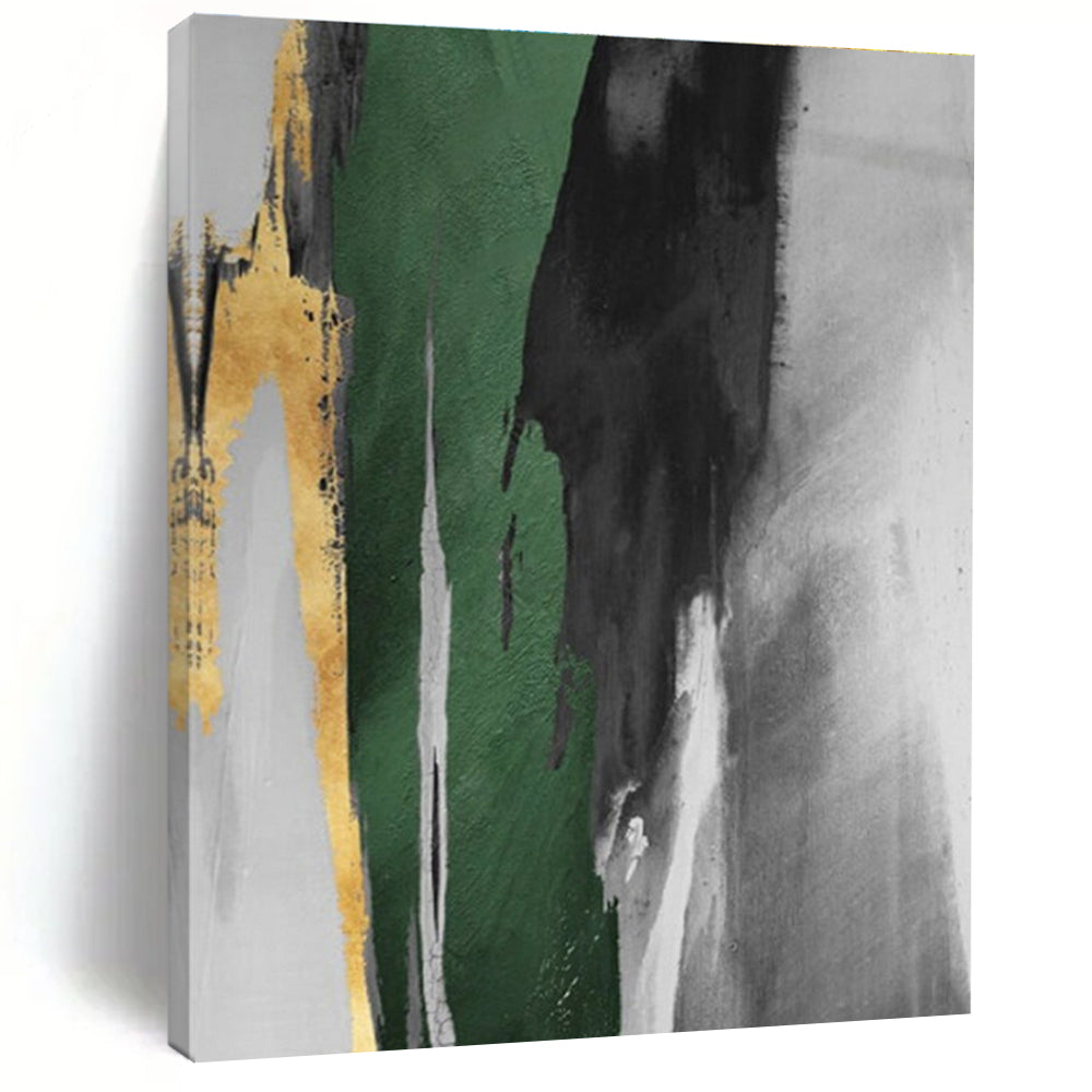 “Green - Gold Abstract Streaks” - Green, Gray, Gold, White Abstract Gestural Painting On Canvas PS0637