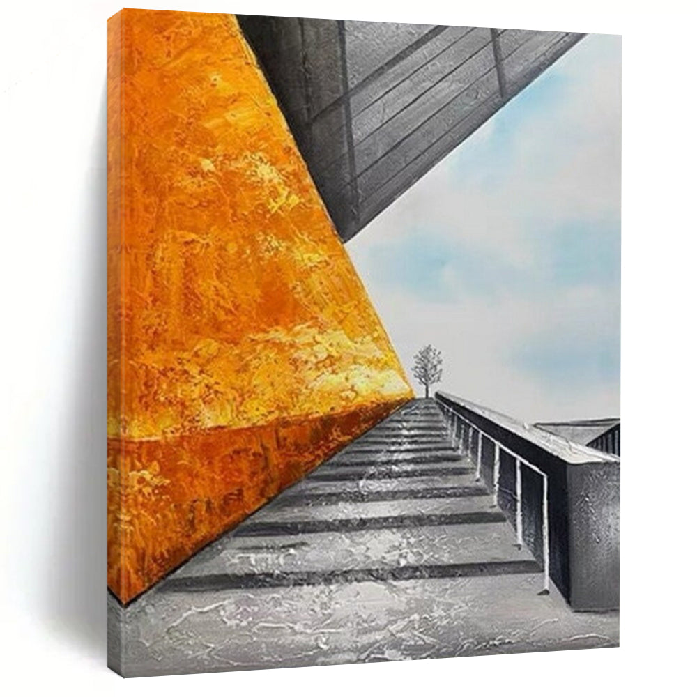 “Orange Wall & Stairway” - Architectural Abstract Painting On Canvas DS281