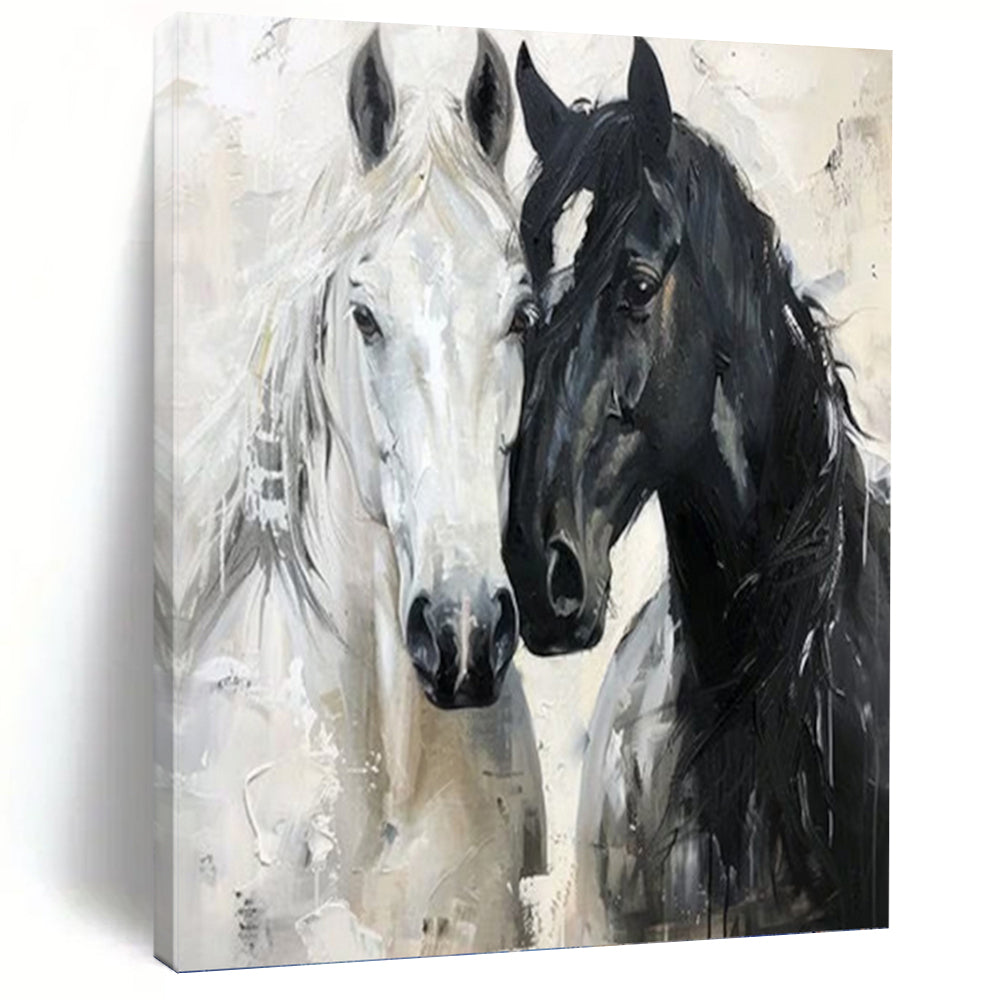 “Black - White Horses Impasto” - Impressionist - Inspired Animal Painting On Canvas PT1401