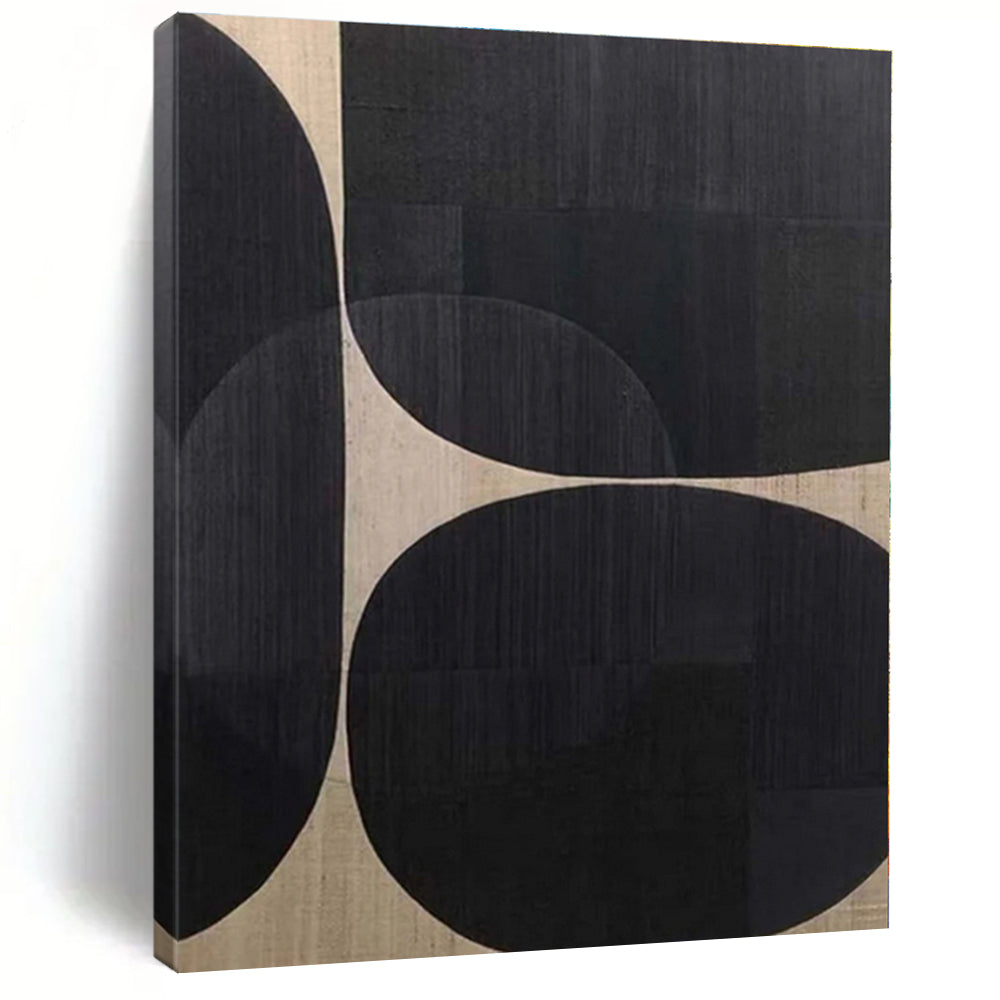 “Black - Beige Geometric Circles” - Black, Beige Abstract Geometric Painting On Canvas PS0581