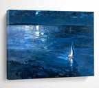 Blue Night Sky and Sea with Sailboat Impressionist Landscape Painting On Canvas DKS100