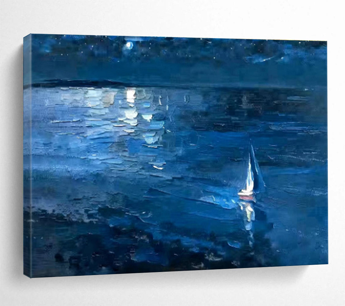 Blue Night Sky and Sea with Sailboat Impressionist Landscape Painting On Canvas DKS100