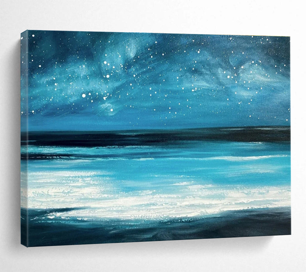 Blue Night Sky with Stars Over Turquoise Sea Seascape Painting On Canvas DKS104
