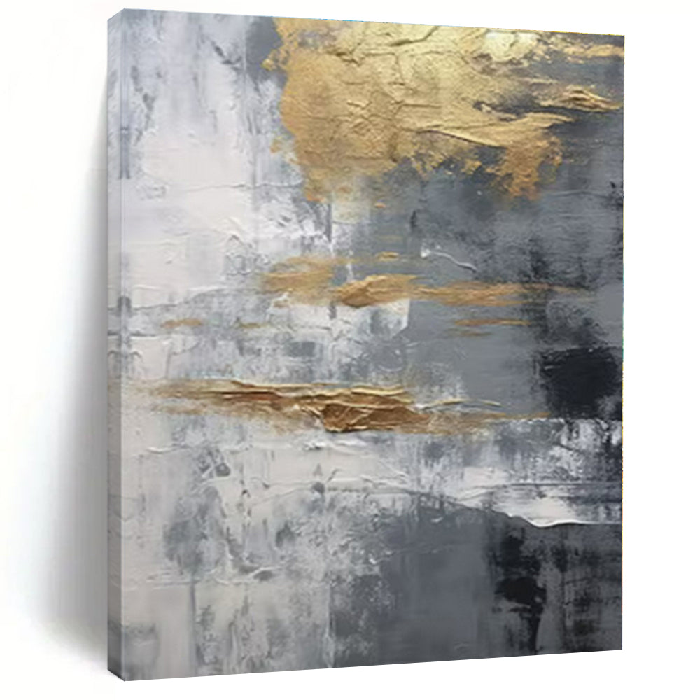 Gray, Gold, White with Textured Abstract "Gilded Grayscale" Abstract Painting On Canvas PS1260
