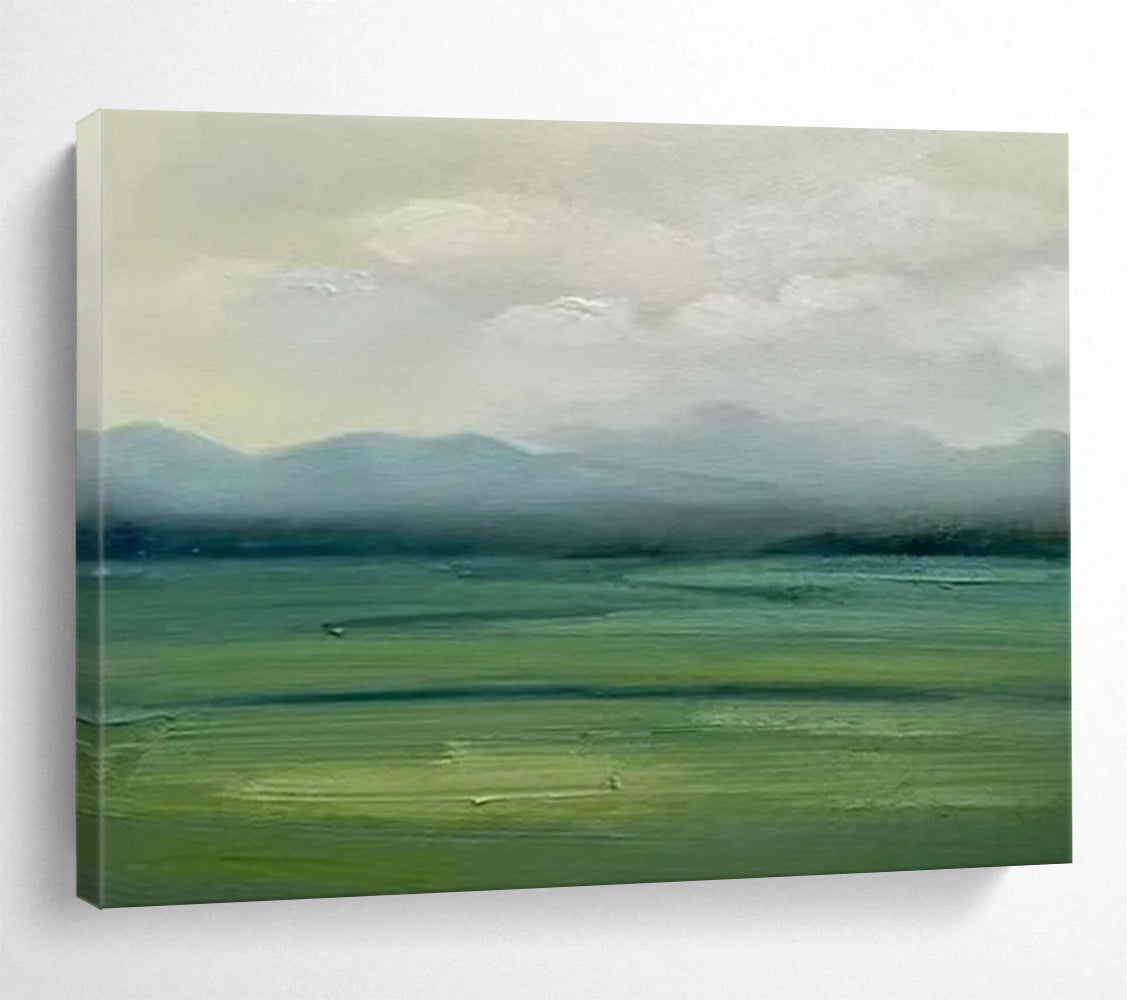 “Misty Green Fields and Mountains” - Impressionist Landscape - Painting On Canvas PT1785