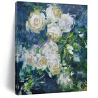 White Roses with Green, "Blurred Blooms" – Impressionistic Floral On Canvas PS0892