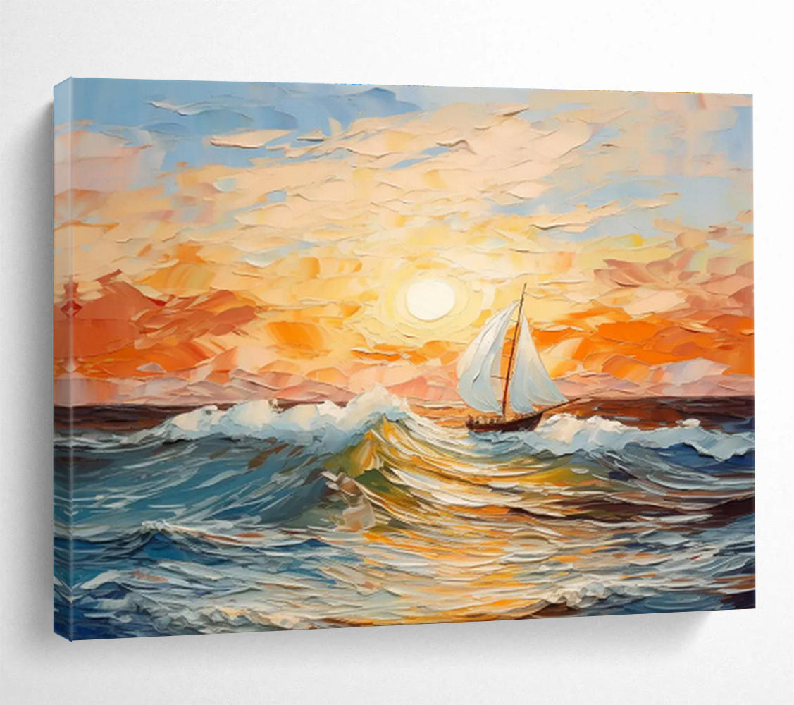“Impressionistic Sunset Sailboat Seascape” - Impressionistic Seascape Painting, Perfect for Nautical - Themed Room & Living Room DKS625