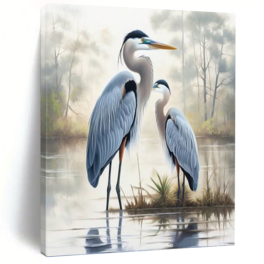 “Blue Herons in Mist” - Realist - Inspired Wildlife Painting On Canvas PT1400