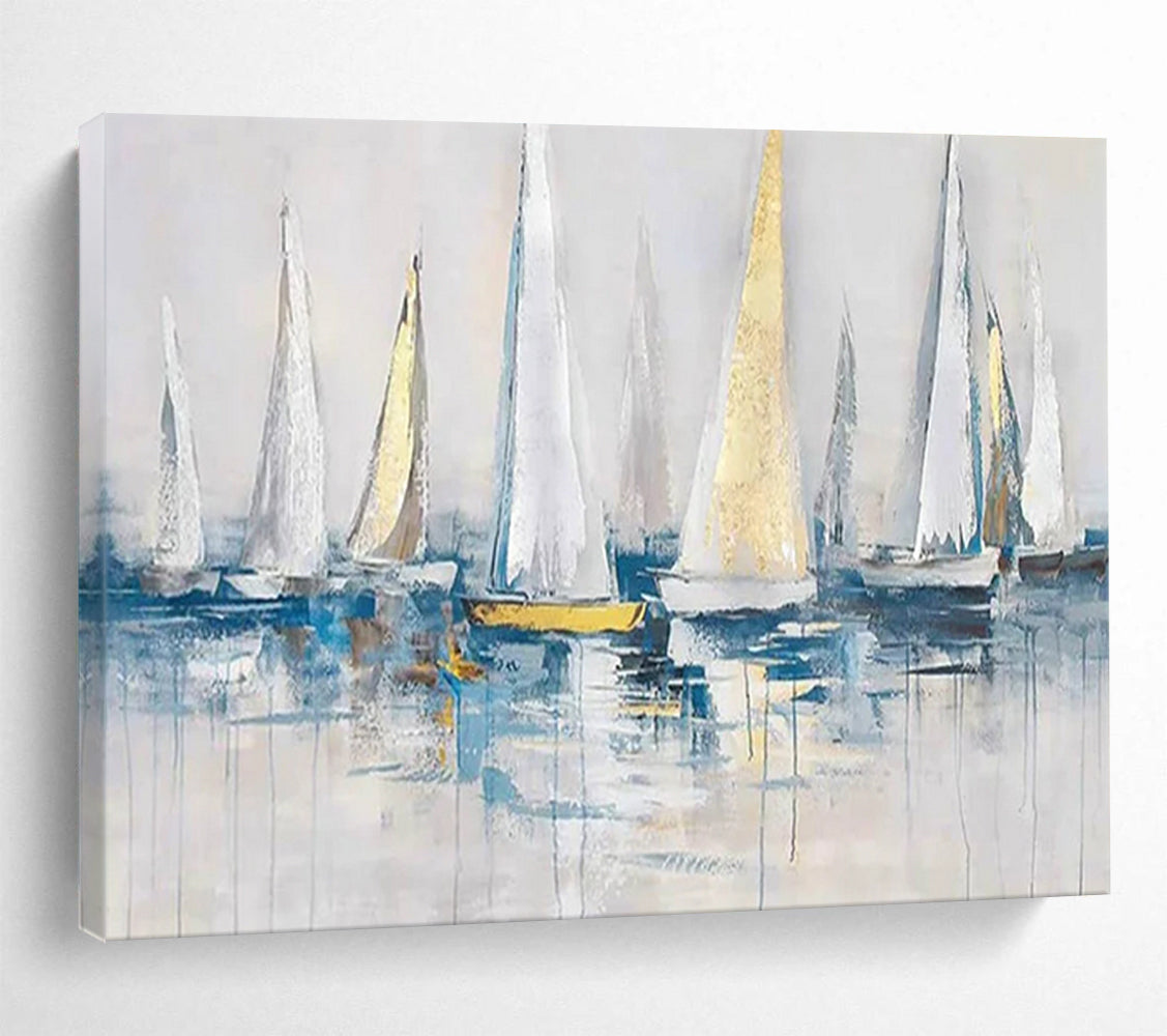 “White - Gold Sailboats” - Impressionistic Nautical Painting On Canvas PT257