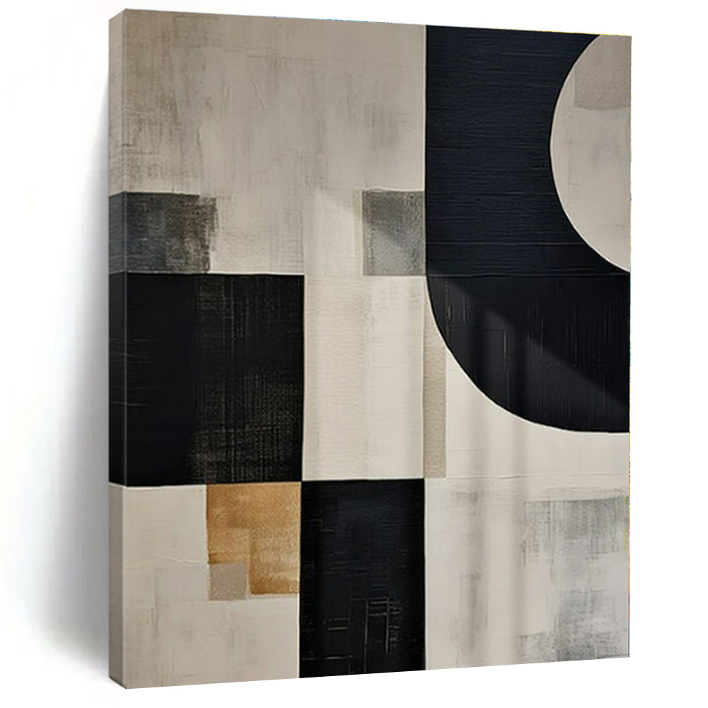Black, White, Gray, Gold with Mixed Shapes "Elegant Fusion" Abstract Painting On Canvas PS1373