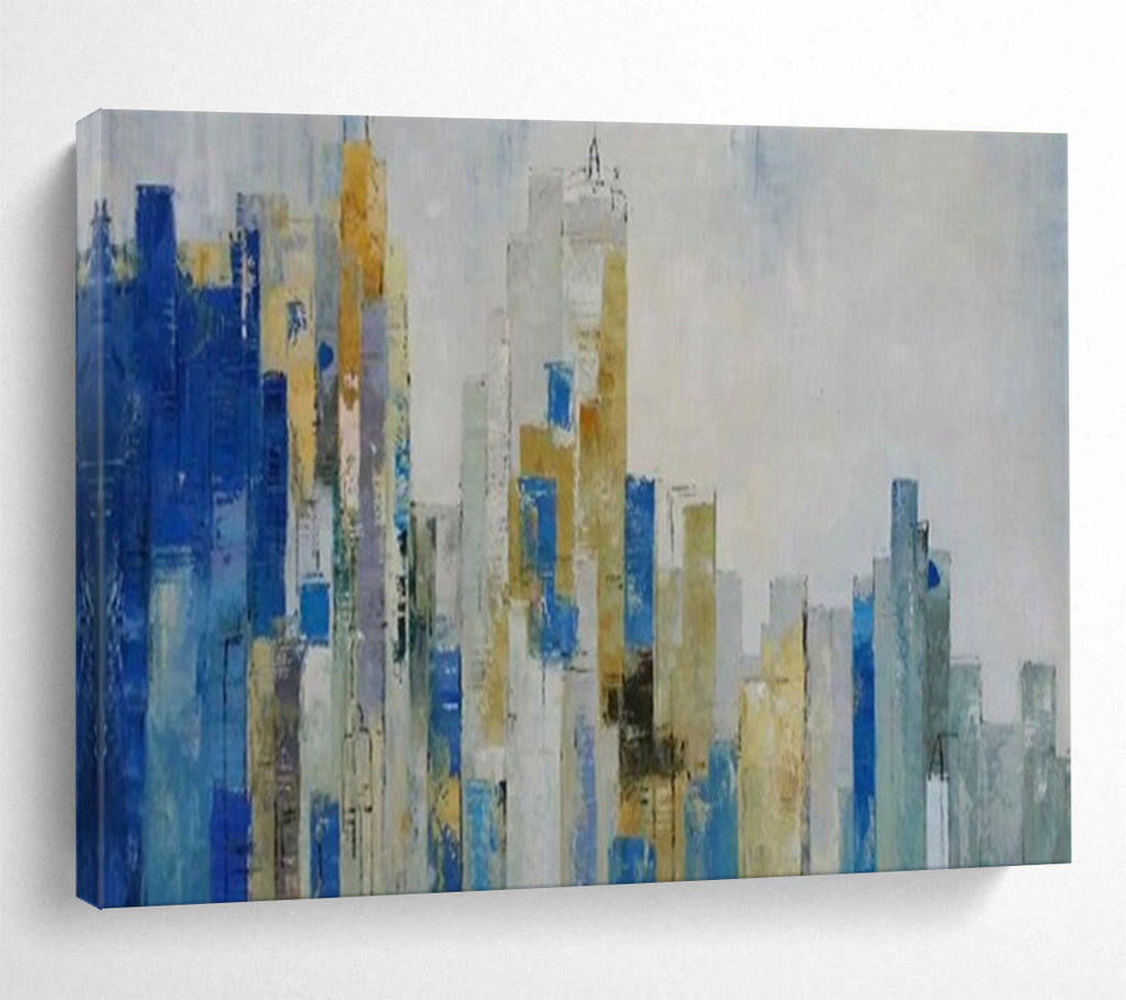 “Blue - Gold Abstract Cityscape” - Metallic Accents “Urban Skyline” Painting On Canvas PT1659