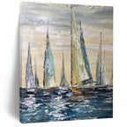 Blue, White, Beige with Sailboats "Sailboat Serenade" Impressionist Painting On Canvas PS1302